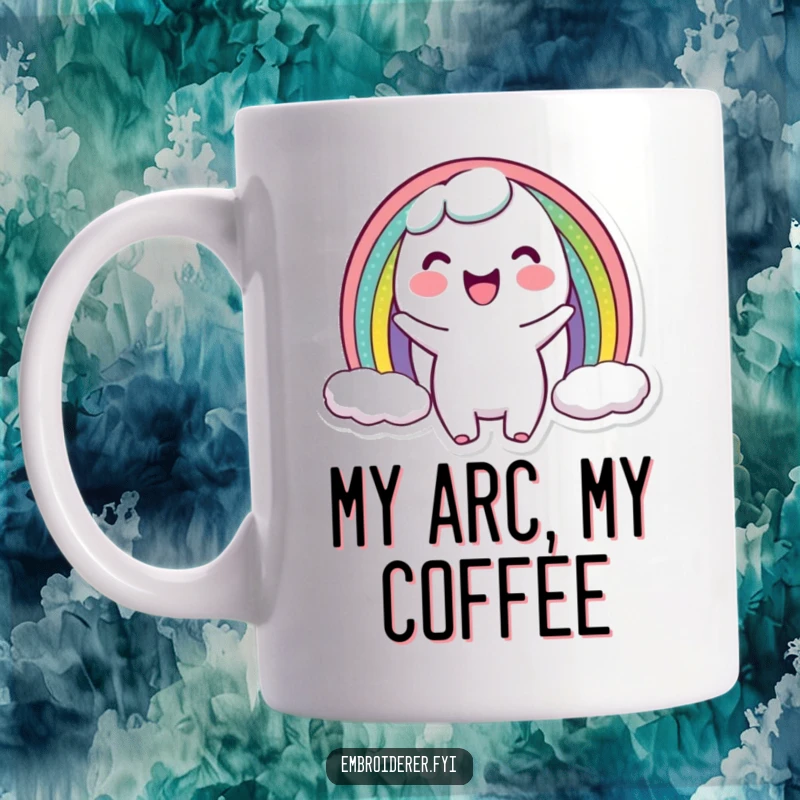 Funny mug showing a happy character proudly displaying a perfectly stitched miniature rainbow arc, embodying crafting joy and colorful achievement.