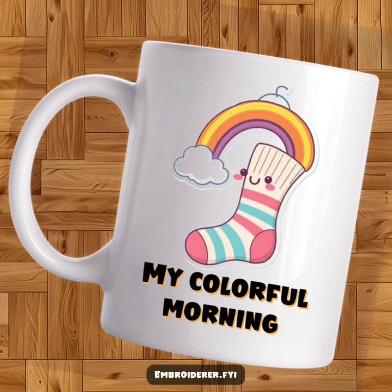 Funny Mug featuring a cheerful sock enthusiastically sewing a vibrant rainbow onto a fluffy cloud.