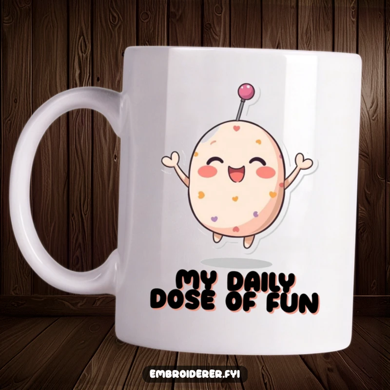 Funny pincushion mug with a joyful character bouncing energetically, spreading smiles. Ideal for sewing enthusiasts seeking a humorous touch.