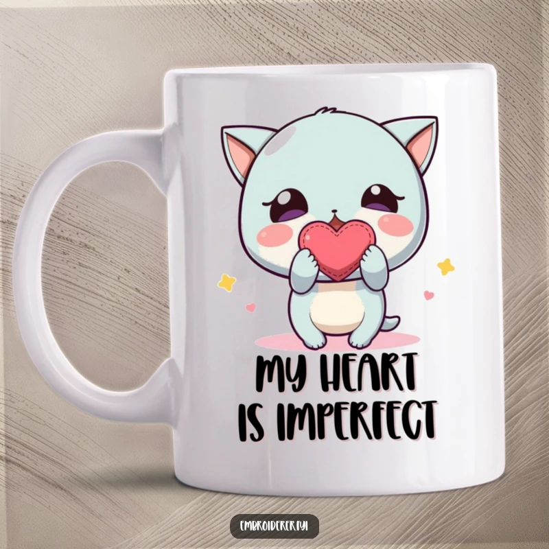 Funny Mug: A character excitedly displaying a small, wonky embroidered heart, celebrating imperfect love and handmade charm.