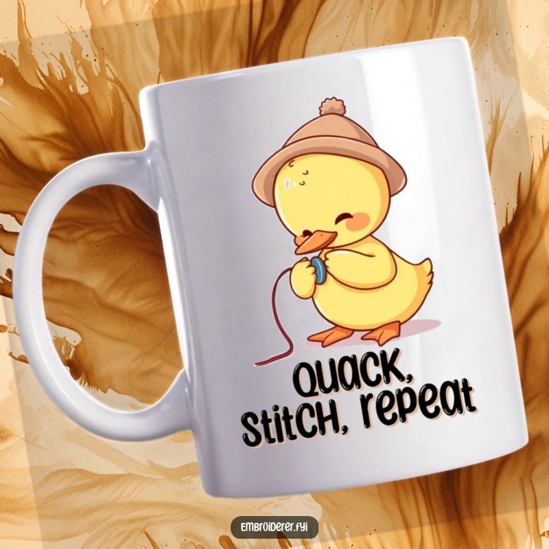 Funny mug showing a cute duck in a small hat struggling to sew a button, highlighting effort and humor.