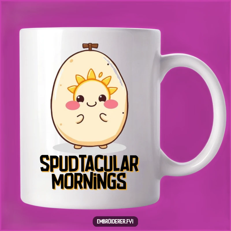 Funny Happy Potato Embroidering Sun Mug: Cheerful Crafting Hilarious Gift for Optimists