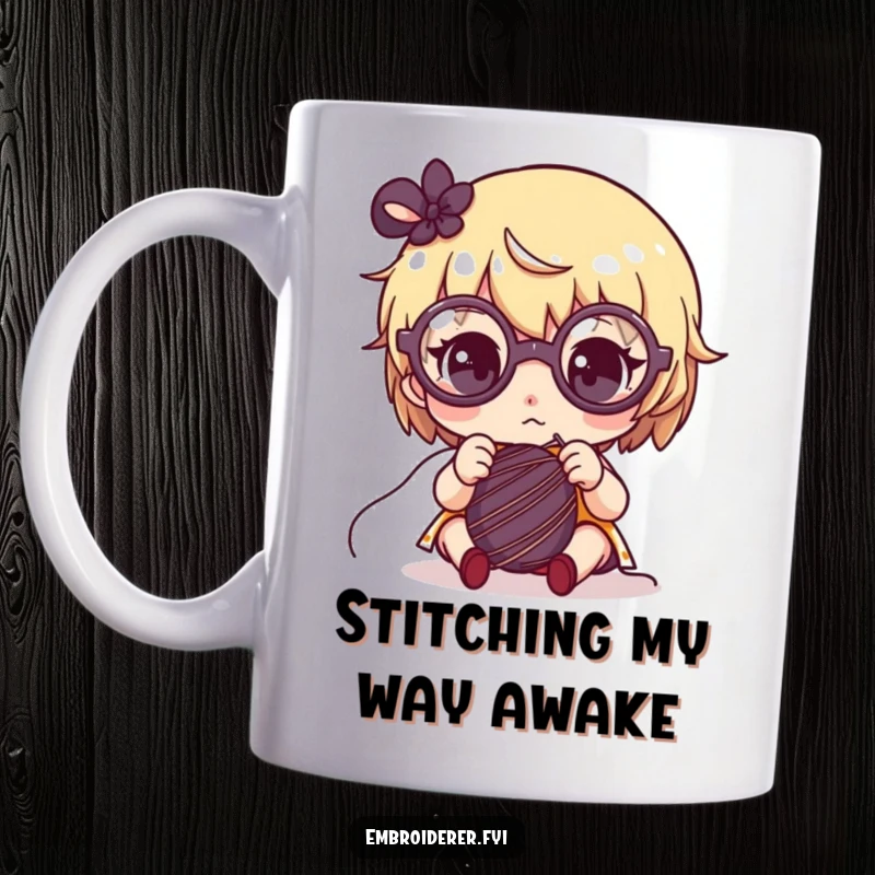 Funny mug with a cute character wearing oversized glasses, intensely focused on sewing with needle and thread.