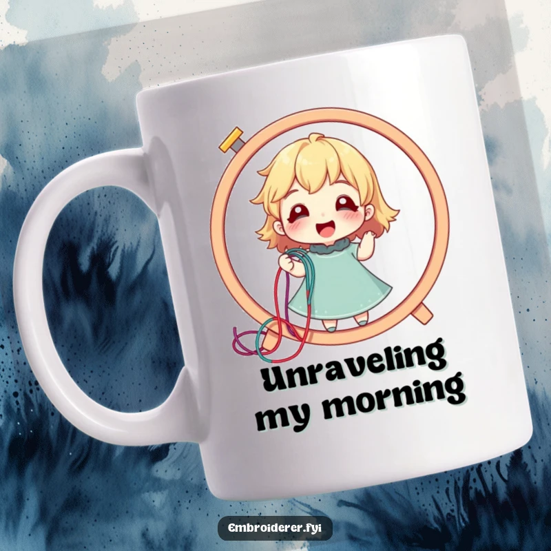 Funny mug showing a delighted character pulling a long, colorful thread from a giant embroidery hoop, crafter gift.