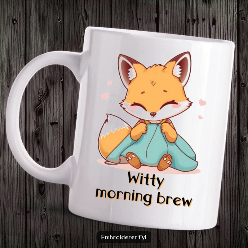 Funny mug showing a winking fox meticulously stitching fabric with a needle, radiating sly and crafty humor.