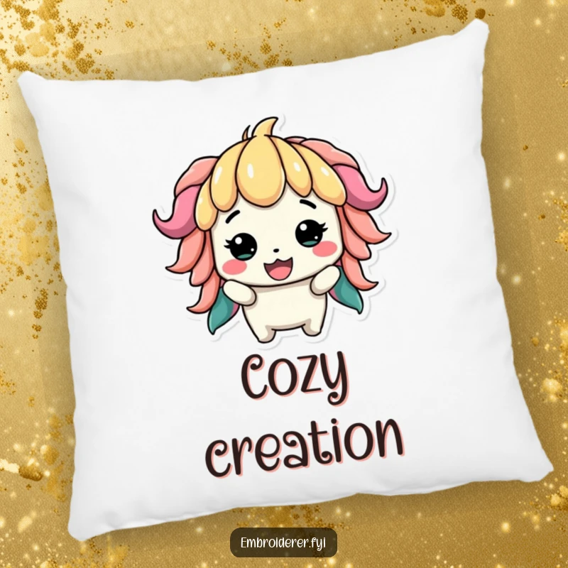 Funny pillow featuring a proud character displaying a slightly lopsided but colorful creation, perfect for adding comfort and charm.