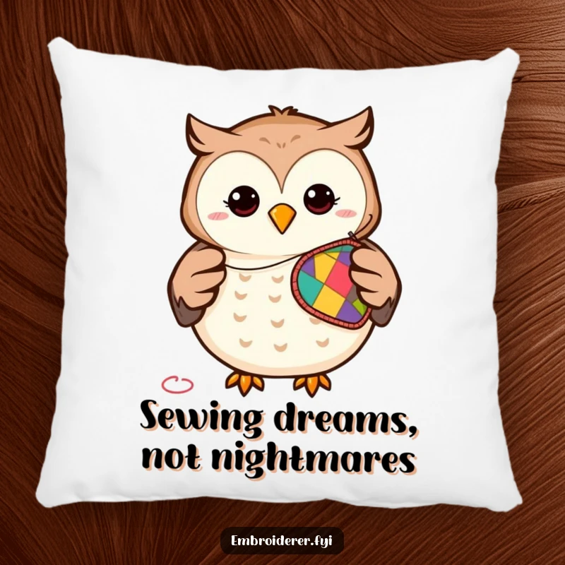 Funny pillow with a smiling owl sewing a colorful patch, offering comfort and a humorous touch to any living space.