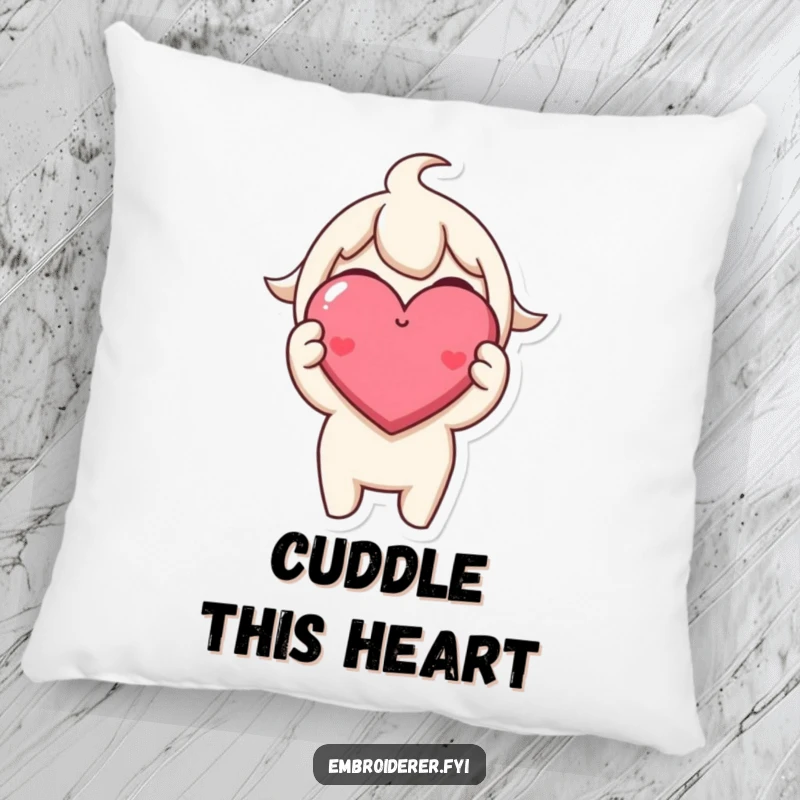 Funny Pillow: A character beams, holding a small, perfectly stitched, smiling heart, bringing comfort and cheer.