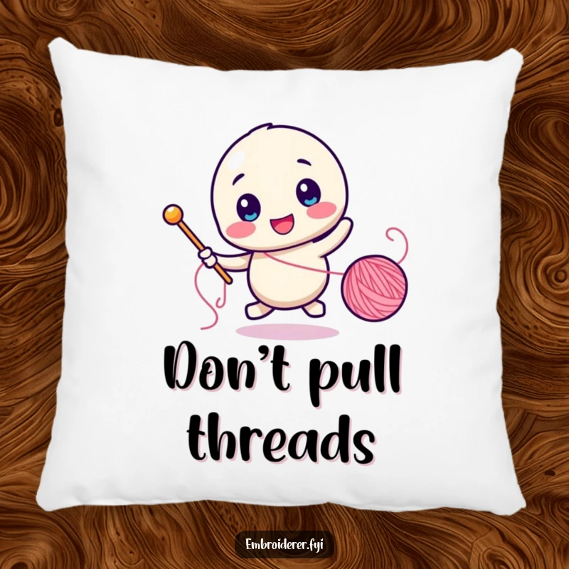 Funny pillow showing a character humorously chasing a spool of thread with a needle, providing comfort and laughs.