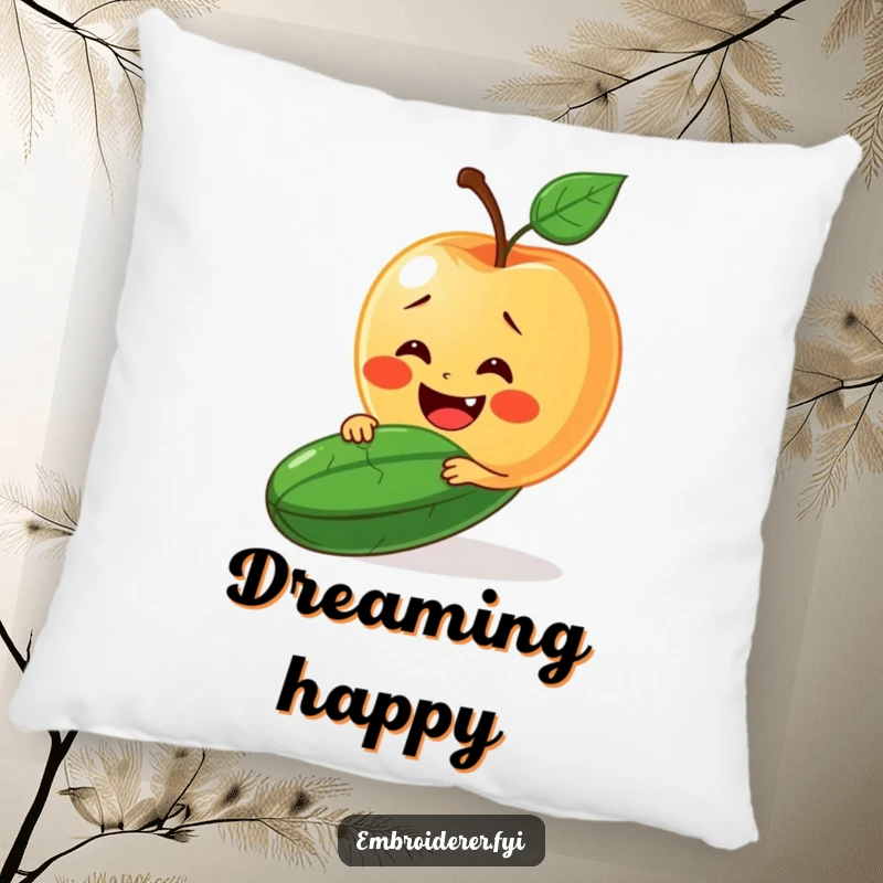 Funny pillow showing a delighted apple trying to stitch a smile onto a grumpy cucumber's face.