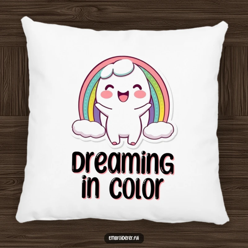 Funny pillow depicting a happy character holding a miniature rainbow arc, bringing cozy artistic joy and humor to any room.