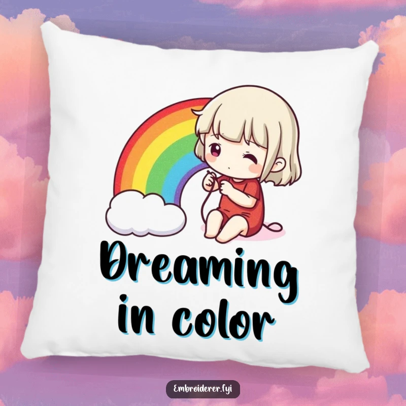 Funny stitching rainbow pillow, showing a character sewing a vibrant rainbow onto fabric, adding artistic flair to home decor.