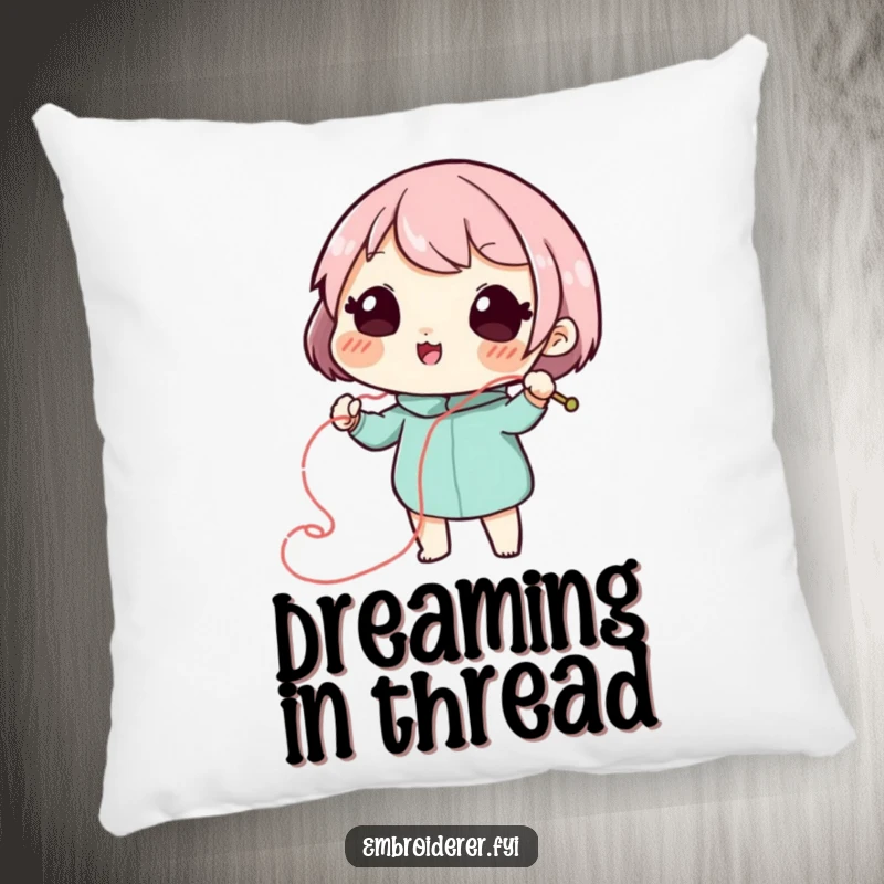 Funny stitch artist pillow with a playful character drawing a swirling, decorative line with needle and thread, perfect for accents.