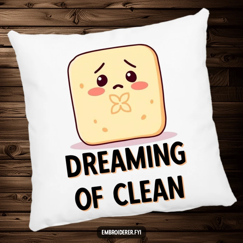 Funny pillow depicting a confused bar of soap hilariously carving a tiny pattern into itself.