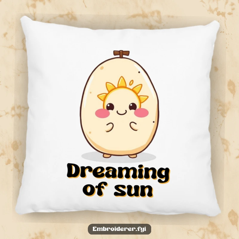 Funny pillow showing a happy potato happily embroidering a tiny smiling sun, a soft and cheerful decoration.
