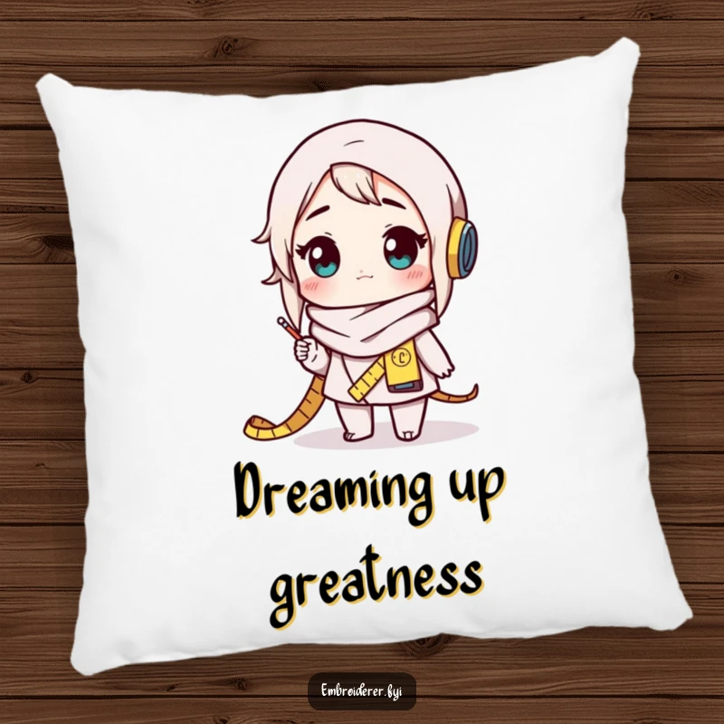 Funny crafter pillow showing a character wearing a measuring tape scarf, looking completely amazed and proud of their creative work.