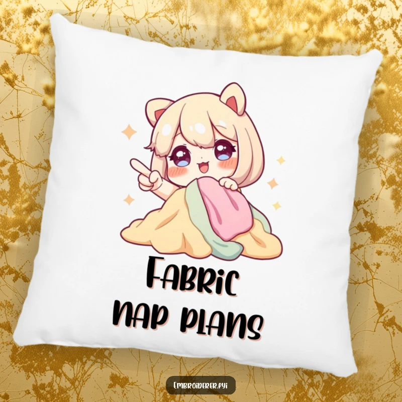 Funny pillow featuring a character with sparkling eyes, excitedly pointing at a pile of fabric, perfect for adding comfort and textile charm.