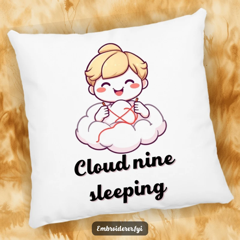 Funny smiling character on a soft pillow, sewing a fluffy cloud, offering cozy creative comfort and whimsical humor.