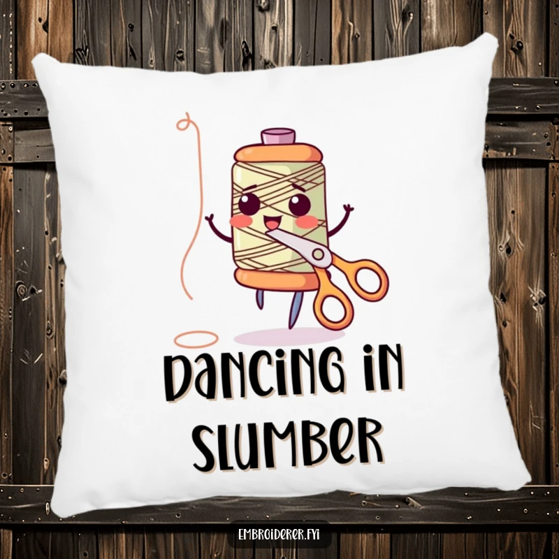 Funny anthropomorphic thread spool giggling and dancing with scissors on a plush pillow, bringing playful sewing spirit and comfort, ideal for funny pillow lovers.