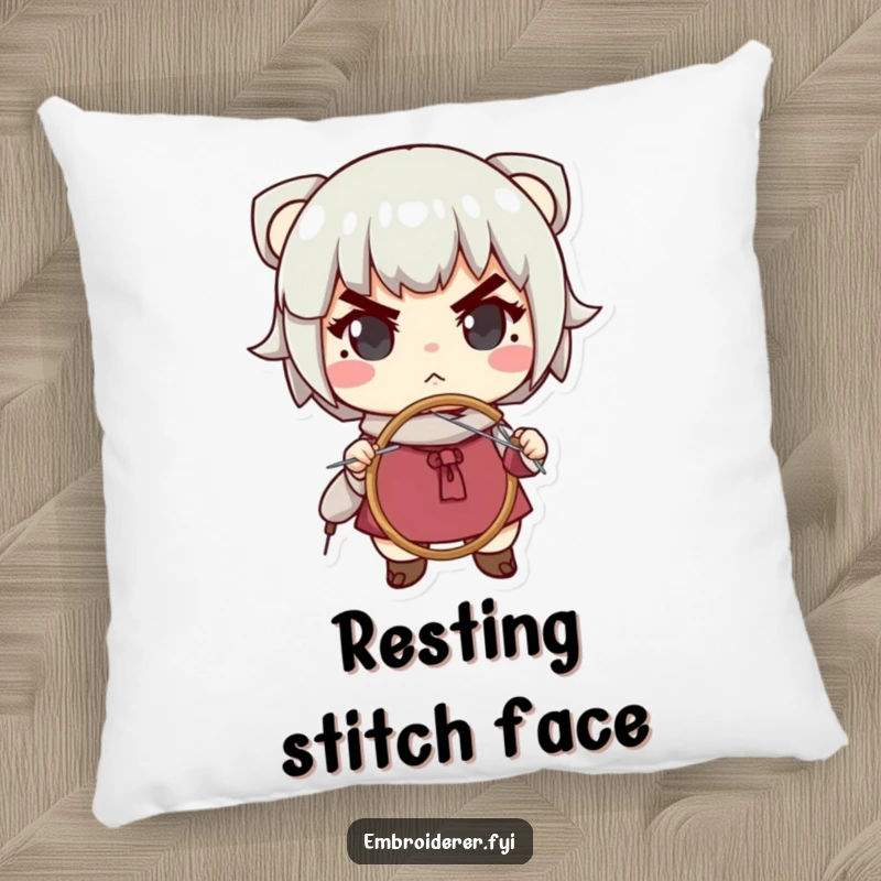 Funny pillow showcasing a determined character focused on needlework, adding a humorous and cozy touch to any living space.