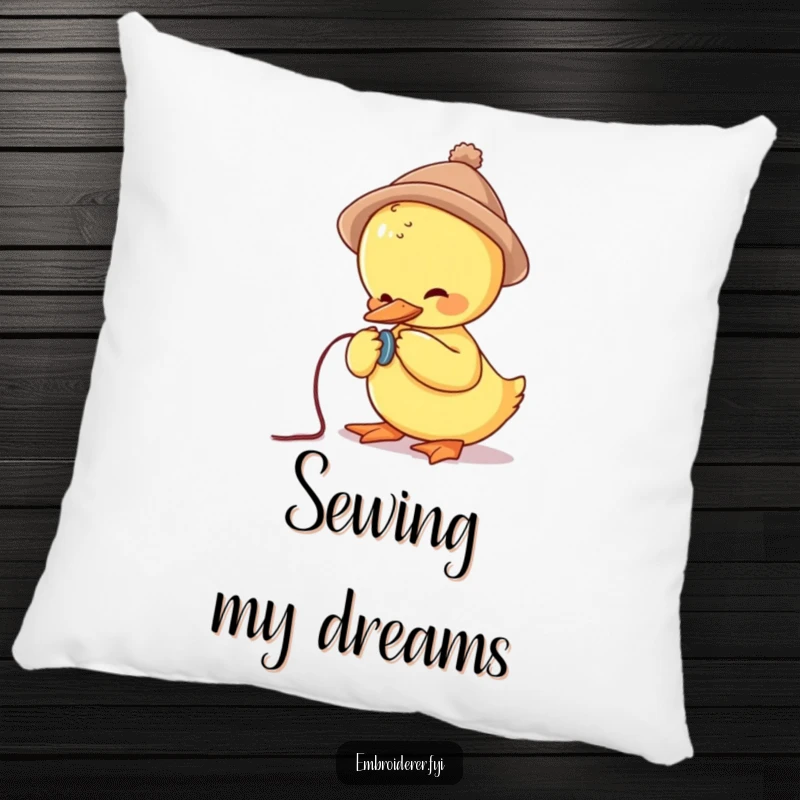 Funny pillow featuring a cute duck in a small hat struggling to sew a button, providing comfort and whimsical decor.