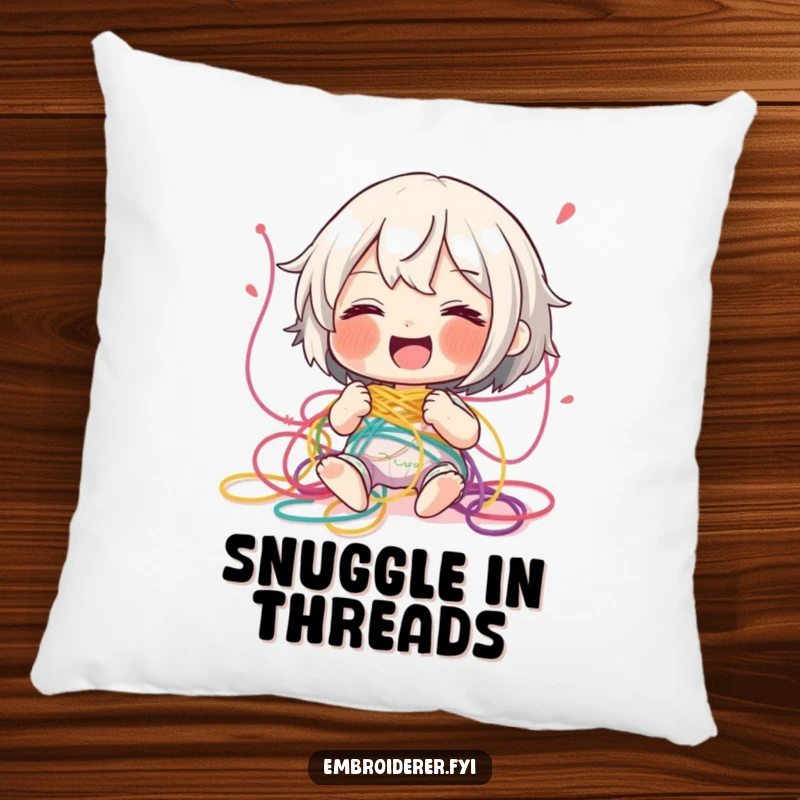Funny tangled thread pillow, showing a character giggling amidst colorful embroidery threads, adding playful crafting decor.