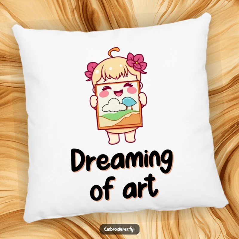 Funny pillow with a joyful character holding up a piece of embroidered art, embodying creative pride and happiness.