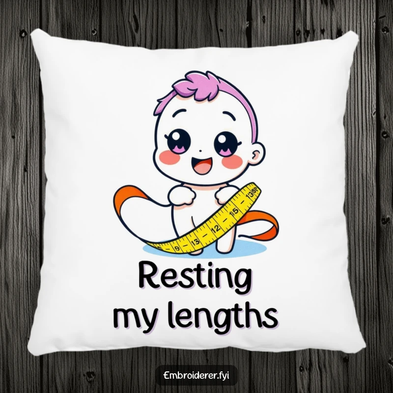 Funny pillow with a cheerful character measuring fabric with a colorful tape measure, embodying accurate crafting.