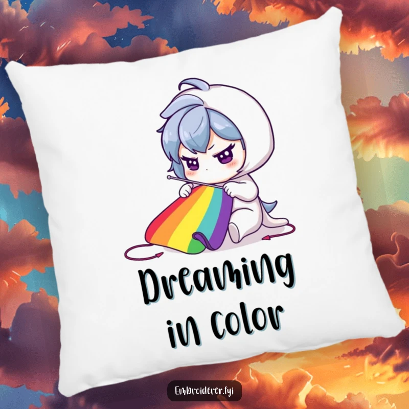 Funny Pillow: Character sewing a vibrant rainbow, adding a cozy and colorful touch to any room.