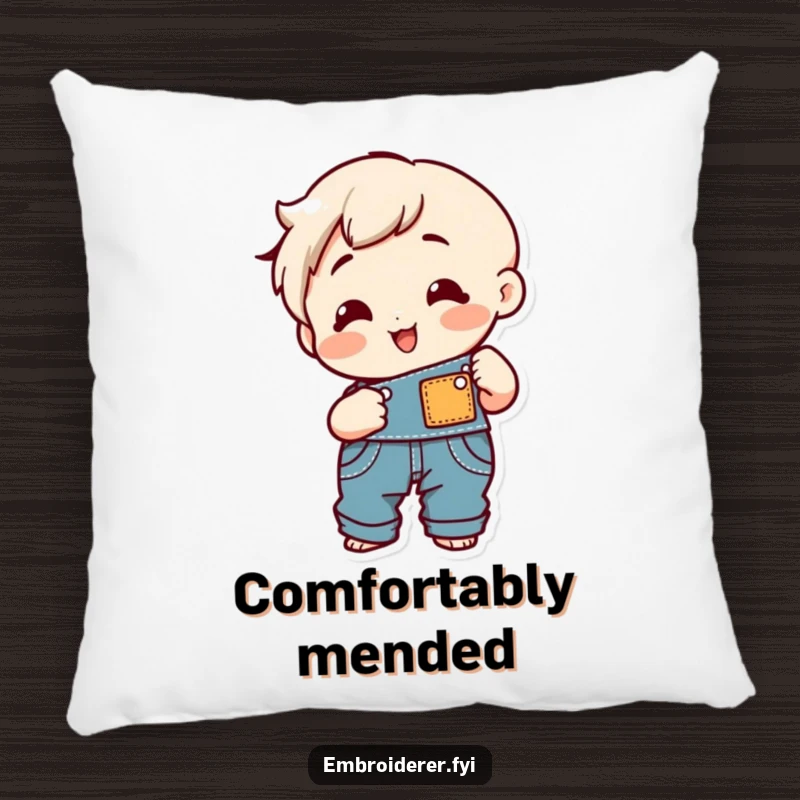 Funny cheerful character sewing a patch onto overalls on a soft pillow.