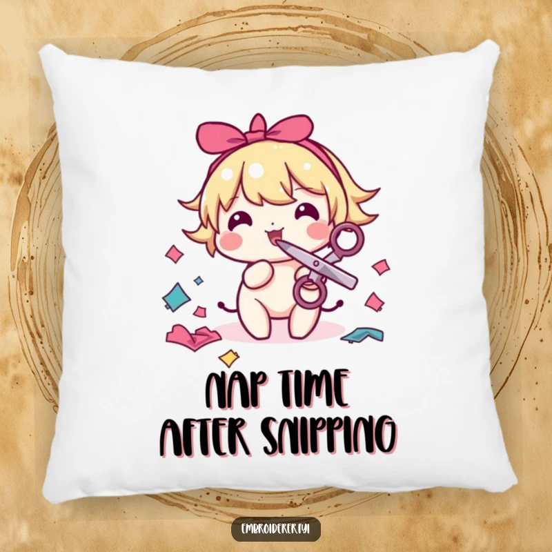Funny sewing pillow with a cute character holding scissors in its mouth, playfully snipping colorful fabric scraps for a cozy vibe.