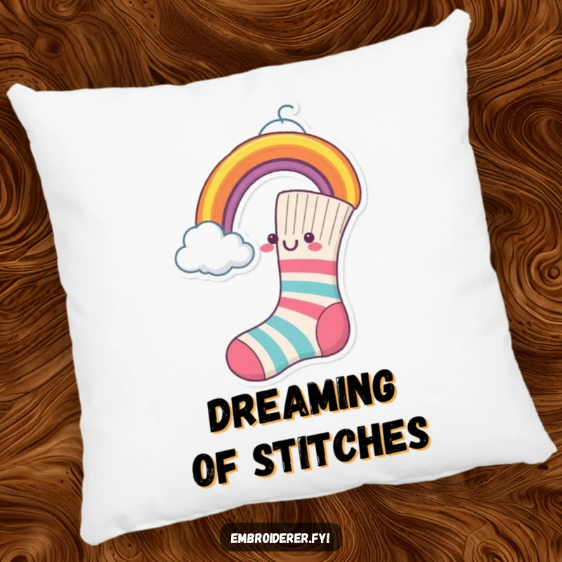 Funny Pillow featuring a cheerful sock sewing a rainbow onto a cloud.