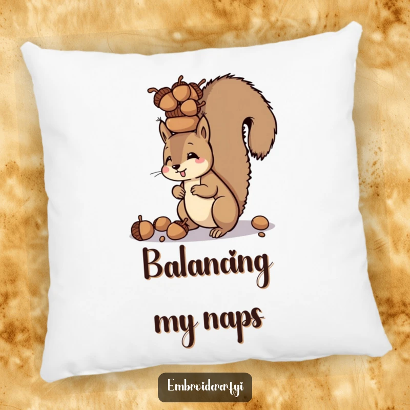 Funny pillow featuring a squirrel balancing a tower of acorns on its head, providing comfort and whimsical decor.