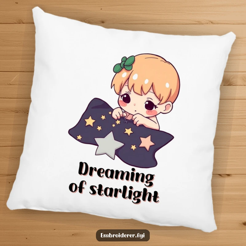 Funny pillow featuring a determined character carefully stitching tiny stars onto dark fabric, a symbol of celestial craftsmanship.