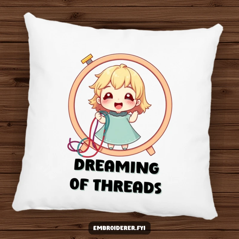 Funny pillow with a delighted character pulling a colorful thread from an embroidery hoop, offering comfort and inspiration.