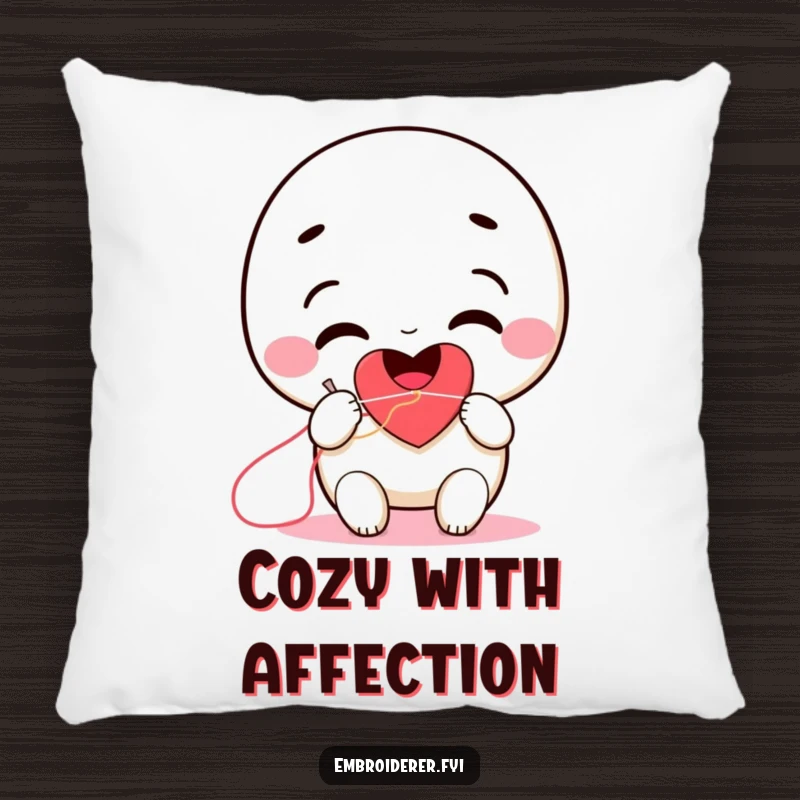 Funny smiling character stitching a heart with needle and thread on a soft pillow.