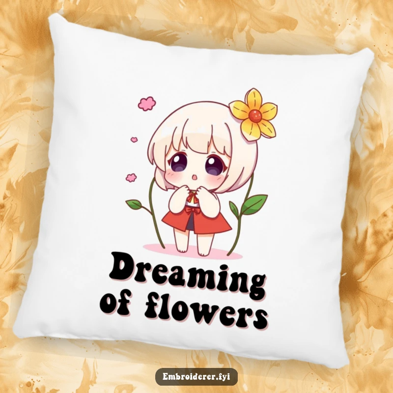 Funny pillow showing a character’s wide-eyed surprise as an embroidered flower magically blooms nearby, adding whimsical charm.