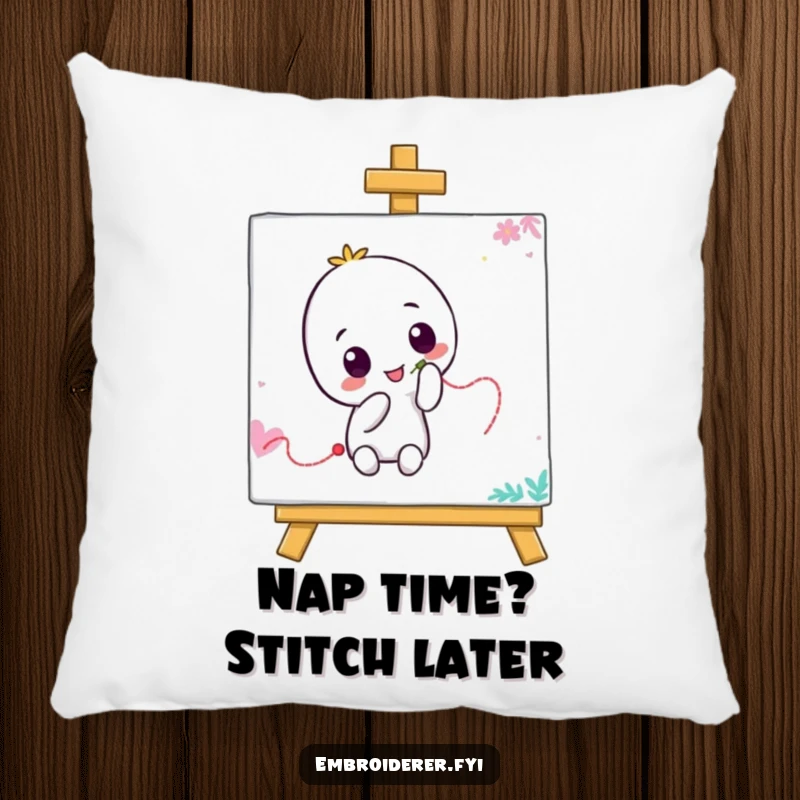 Funny pillow with a playful character drawing a wiggly thread line on a canvas, offering cozy artistic humor for living spaces.