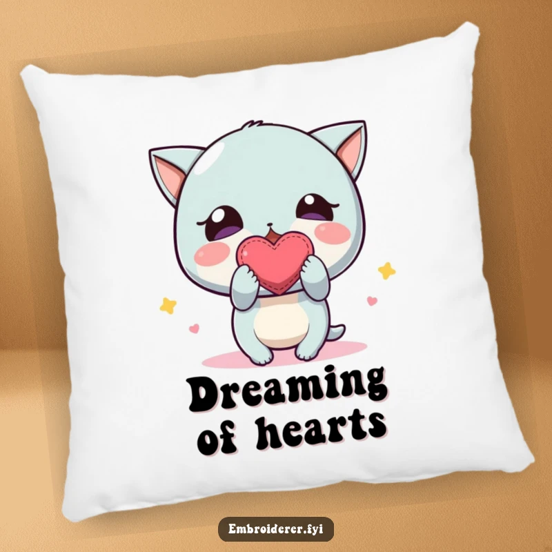 Funny Pillow: A character joyfully holding up a small, handmade embroidered heart with charmingly uneven stitching, full of love.