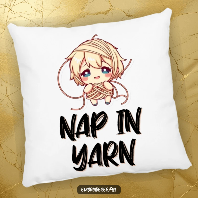 Funny pillow featuring a character comically tangled in yarn, looking flustered but smiling, perfect for relaxation in knitting spaces.