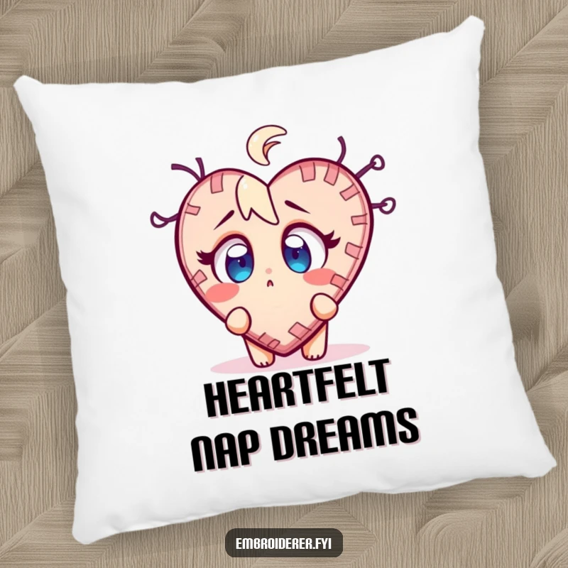 Funny stitch surprise pillow with a character wide-eyed at a wobbly, half-finished stitched heart, perfect for accents.