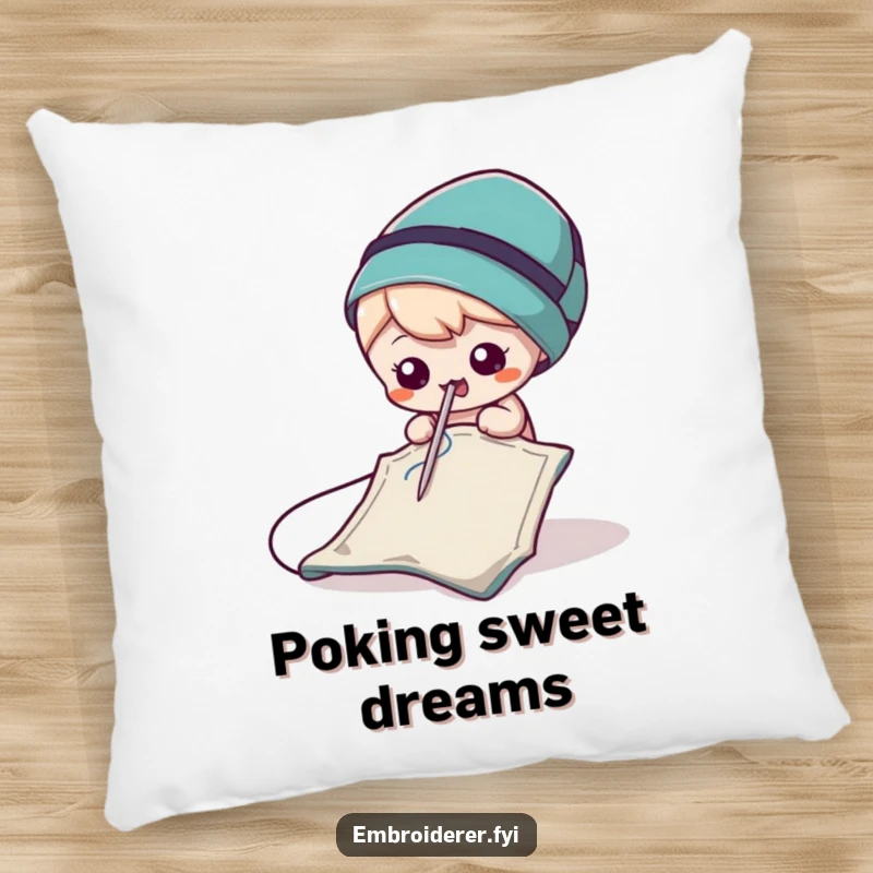 Funny Needle Pillow featuring a mischievous little needle playfully poking fabric, offering comfort with a side of sewing humor.