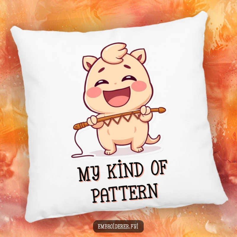 Funny pillow with a laughing character stitching a comical zig-zag pattern, offering cozy artistic humor for living spaces.