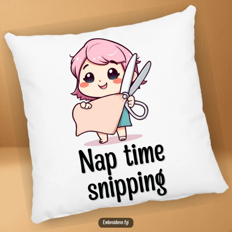 Funny pillow featuring a happy character with comically large scissors, poised to cut a fabric swatch with great excitement.