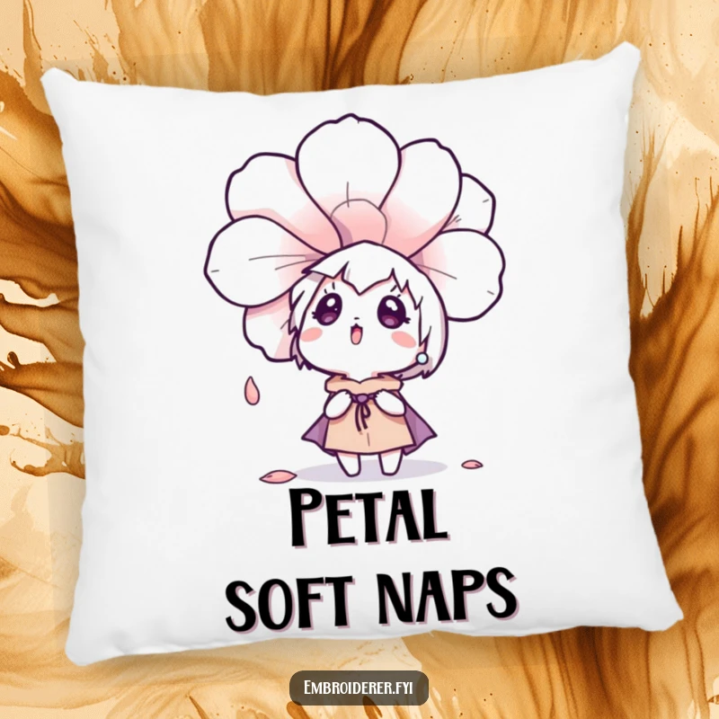 Funny character surprised by a drifting embroidered flower petal, featured on a soft pillow for cozy decor.