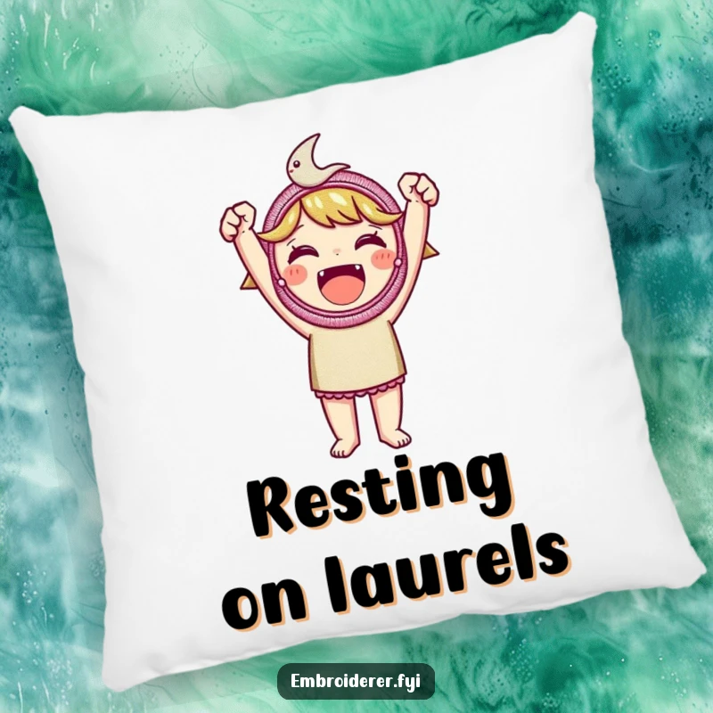 Funny embroidered patch pillow, showing a character holding a beautiful embroidered patch, adding proud crafting flair to decor.
