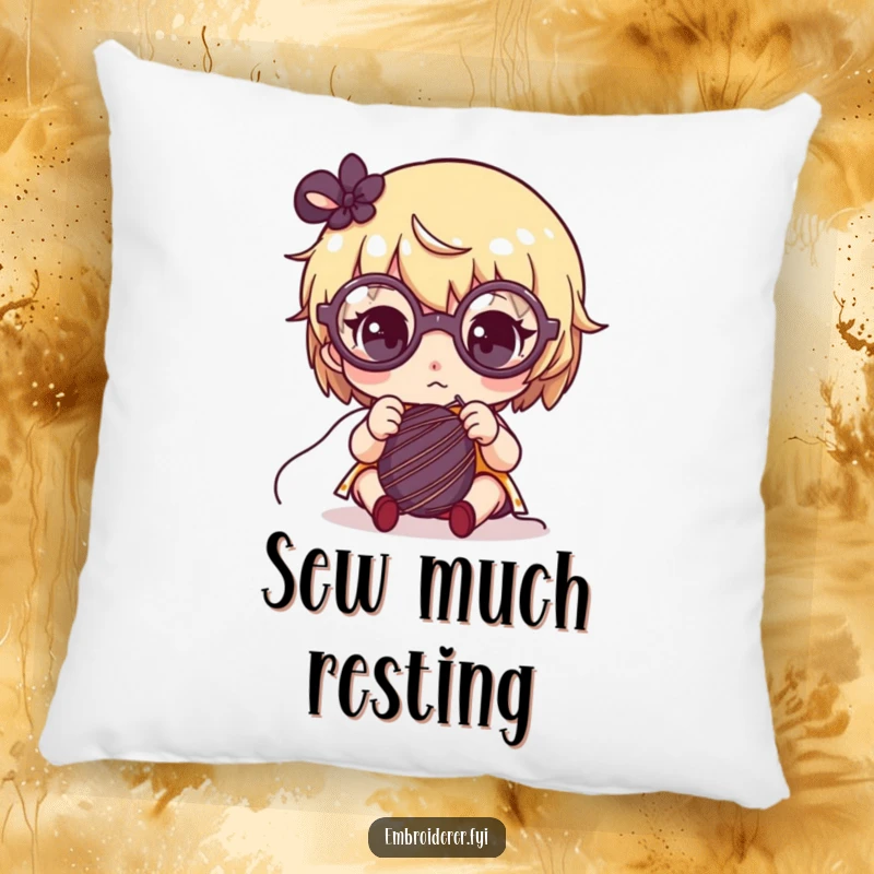 Funny pillow showcasing a cute character wearing large glasses, intensely focused on sewing with a needle and thread.