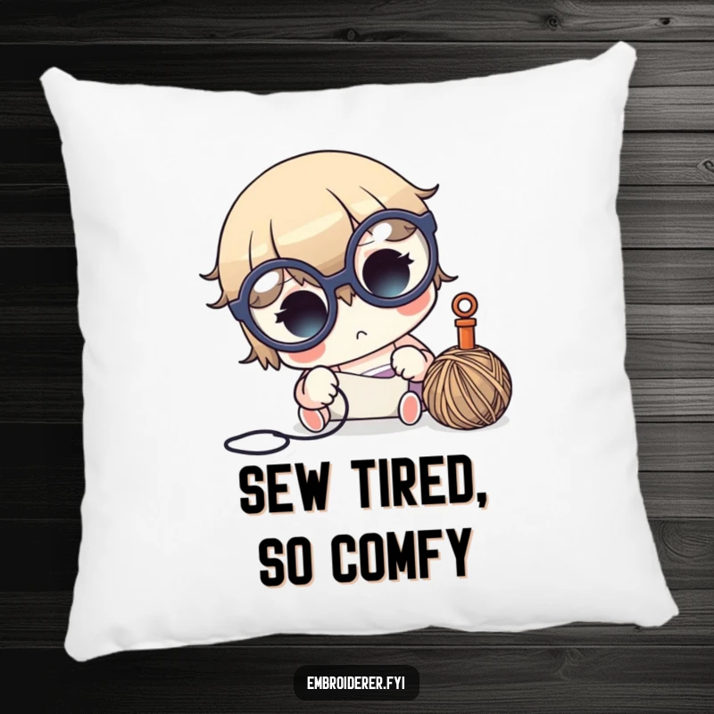 Funny crafter pillow with a cute character in oversized glasses, focused on needle and thread, for decorative comfort.