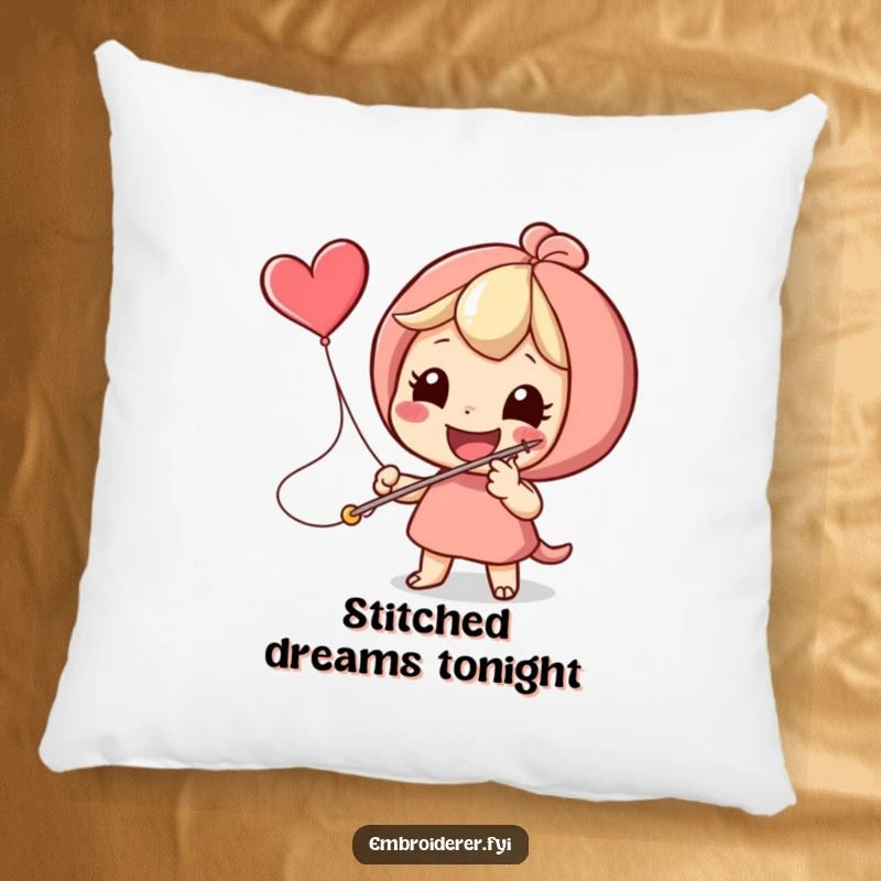 Funny character stitching a flying heart icon with a large needle, featured on a soft pillow for cozy decor.
