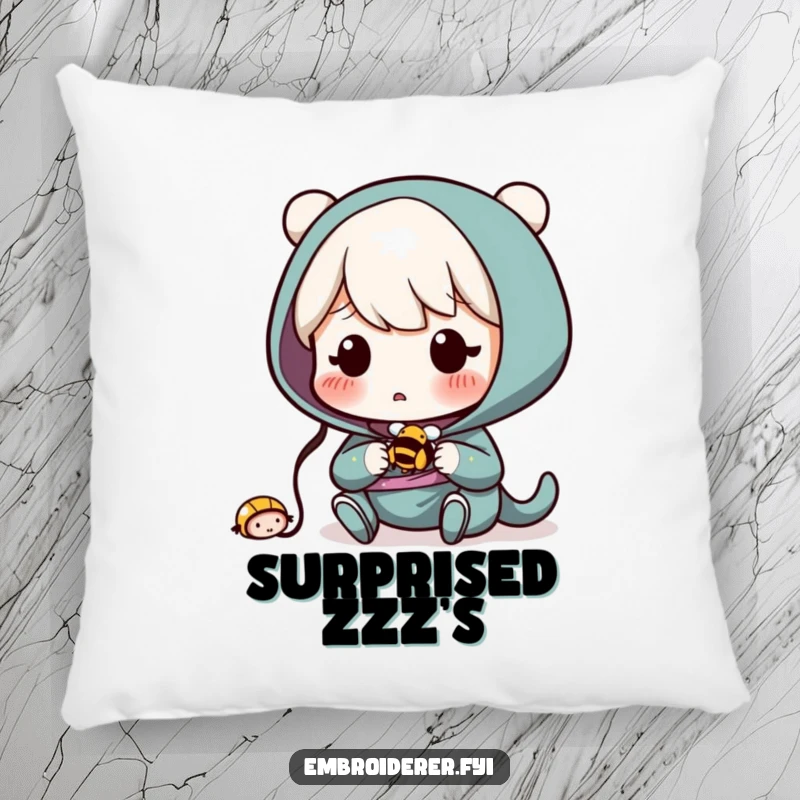 Funny Pillow: Surprised character accidentally sewing a tiny, buzzing bee, a soft and funny decorative item.